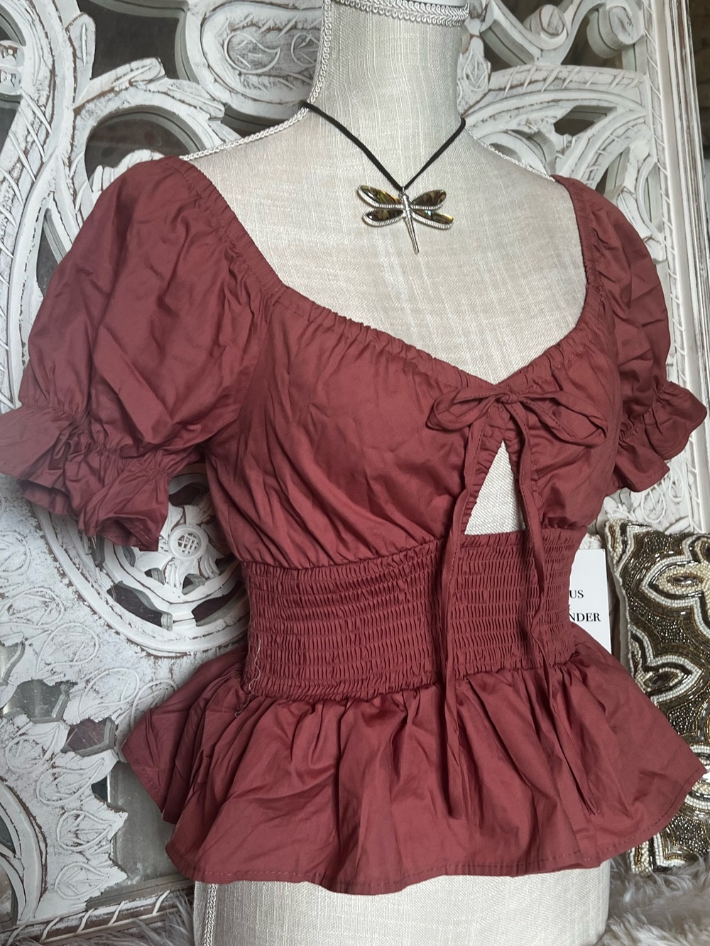 Smocked Tie-Front Peasant Blouse in Rust